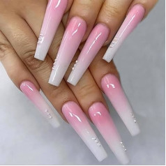 Coffin False Nails Long Fake Nails Pink Crystal Press on Nails Ballerina Stick on Nails 24pcs for Women and Girls