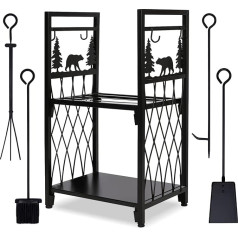MYFIREPLACEDIRECT Firewood Rack with 4 Fireplace Tools, Fireplace Tool Sets Wooden Shelf Outdoor Heavy Duty Wood Storage Accessories for Indoor Fire Bowl Wood Holder with Shovel, Poker, Tongs, Broom