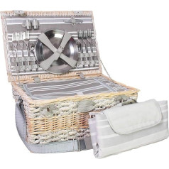 Les Jardins de la Comtesse - Versailles Willow Picnic Basket - Complete for 6 People - Cooler Compartment - Metal Plates and Wine Glasses/Waterproof Tablecloth - Striped Fabric - 50 x 35 x 26 cm