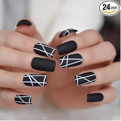 A N K 24 Pieces Black False Nails Medium Length Full Cover Shiny False Nails (Black Strip Nail)