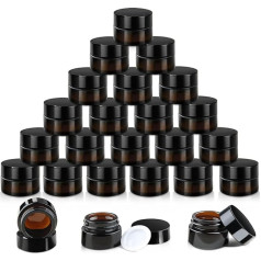 24pcs 5g Amber Glass Cream Jar Round Cosmetic Bottles Refillable Makeup Bottles with Lids and Inner Inserts for Lotion, Cream, Ointments, Lip Balm, Eyeshadow, Slime