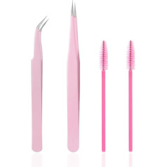 KLDKUST Eyelash Extension Tweezers Stainless Steel Straight and Curved Tip Eyelash Tweezers for Eyelash Extension Applications with Eyelash Brush (4pcs)