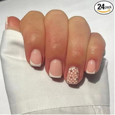24 Pieces French False Nails Short Square Nails White Tip Stick on Nails with Daisy Removable Stick on Women Girls Nail Art Accessories