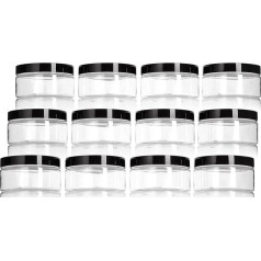 JUVITUS 12 x Clear Plastic Low Profile 8oz Containers with Black Smooth Lids