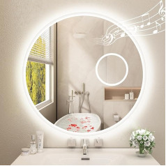 Starlead Round LED Bathroom Mirror with Lighting 60 cm, Bluetooth, 5 x Magnifying Glass, Bathroom Mirror with Lighting, Dimmable, 3 Light Colours, Anti-Fog, Memory Function, HD Tempered Glass, IP44