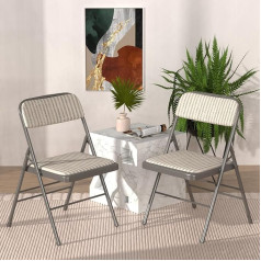 Rcynview Set of 2 Padded Folding Chairs, Beige/Grey Striped Folding Chairs with Metal Frame, Folding Chair Made of Fabric, Camping Chair, Balcony Garden Chairs, Folding Chair for Guests and Events
