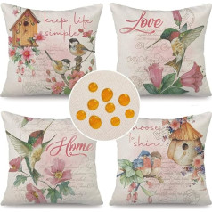 Cirzone Waterproof Cushion Cover Spring Pack of 4 45 x 45 cm Decorative Outdoor Cushion Spring Waterproof Breathable Birds and Huts Cushion Cover for Sofa Cushion Garden Outdoor