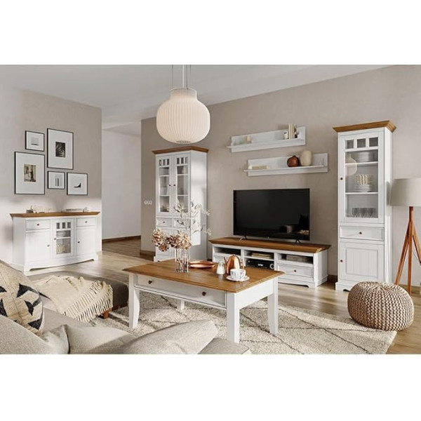 Lomadox Living Room Set, Solid Wood in White with Oak Look, 7-Piece Chest of Drawers, Display Cabinet, TV Lowboard, Wall Boards, Display Cabinet, Coffee Table
