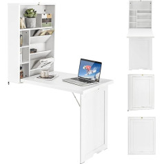 Costway Wall Folding Table with Storage Space, Folding Wall Table, Space Saving Wall Folding Table, Desk Dining Table for Dining Room, Living Room, Kitchen (White)