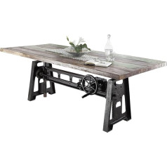 Massivmoebel24.De Industrial Height-Adjustable Dining Table Made of Solid Wood #23, Made of Reclaimed Wood, Multicoloured, Varnished + Iron Table Legs, 200 x 100 x 75-105 cm, Solid Wood Table