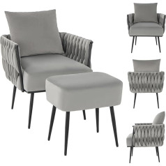 Costway Wing Chair with Stool, Armchair with Soft Cushion, Braided Backrest, Armrests and Metal Legs, Reading Chair, TV Chair, Recliner Chair for Living Room, Bedroom, 58cm Seat Depth