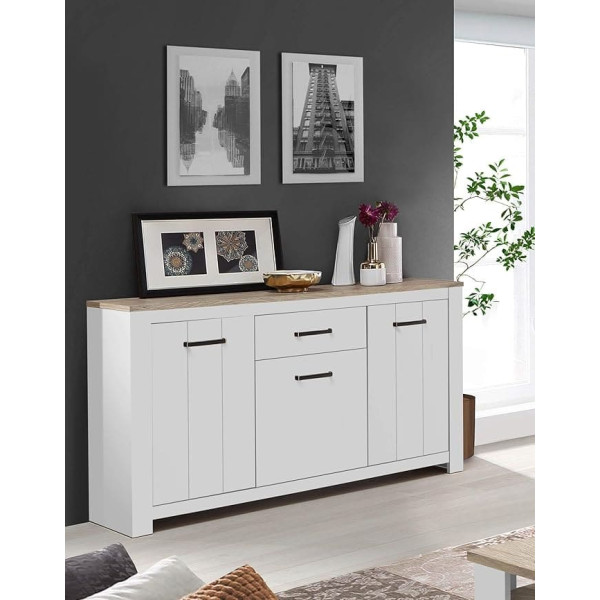 Forte Elara Chest of Drawers with 3 Doors and 1 Drawer, Composite Wood, Matt White / Bianco Oak, 161.4 x 95.7 x 42.2 cm