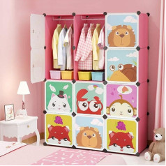 Huole Colourful Shelving Unit for Children's Room, Animal Motifs, Plastic Plug-In System with Doors, Wardrobe with Clothes Rail, Standard (111 x 37 x 147 cm (Pink))