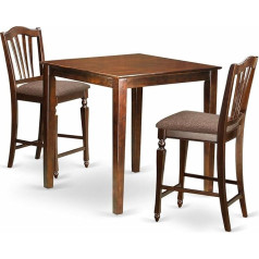 East West Furniture VNCH3-MAH-C 3-teiliges Küchenthekenhöhe, Esstisch-Set enthält einen quadratischen Kneipentisch und 2 gepolsterte Stühle aus Leinenstoff, 91,4 x 91,4 cm, Mahagoni
