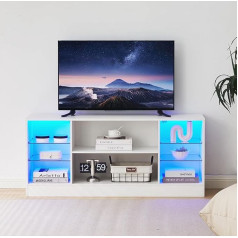 Tukailai TV Cabinet with LED, Lowboard for TVs up to 55 Inches, TV Stand with 8 Open Compartments, Remote Control, Lighting, Modern TV Cabinet, White, 130 x 35 x 57 cm