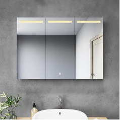 Sunxury Bathroom Mirror Cabinet with Lighting 900 x 650 mm LED Bathroom Cabinet with Touch Switch and Socket 3 Doors Waterproof Stainless Steel Bathroom Mirror Cabinet Lighting Adjustable