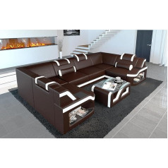 Sofa Dreams Padua Sofa Living Landscape Leather Sofa U-Shape with LED Lighting, Adjustable Headrests/Leather Colours Available (Dark Brown/White)