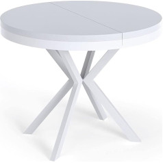 ‎Wfl Group WFL GROUP Round Extendable Dining Table, Loft Style Table with White Metal Legs, 90 to 170 cm, Industrial Square Table for Living Room, Compact, 90 cm, White