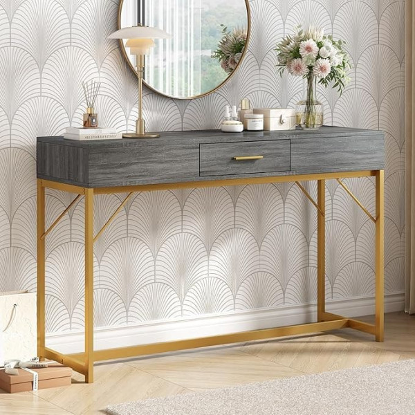 Sogeshome Console Table Hallway Table Dressing Table Made of MDF Metal Frame with 1 Drawer, Lightweight Luxury Style Side Table, Sofa Table in Grey/Gold, 120 x 38 x 76 cm