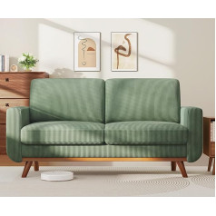Generisch Green Corduroy Sofa with Feather Cushion, 2 Seater Solid Wood Couch for Bedroom, Living Room or Office