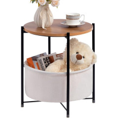 HollyHOME Round Side Table Coffee Table with Wooden Tray, Side Table for Living Room, Bedroom, Small Side Table with Fabric Basket, Tea Table, Bedside Table, Sofa Table, Beige