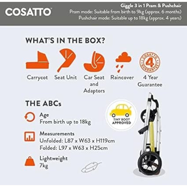 COSATTO Giggle 3-in-1 Pram Set - From Birth to 18 kg, Sports Pushchair, Carry Tray & Hold 0+ Car Seat, Lightweight, Compact & Easy to Fold, with Free Rain Cover (Fox Friends)