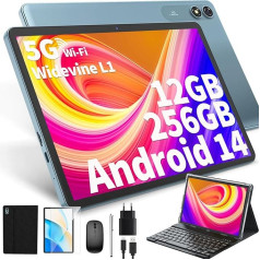 JJGJ Android 14 Tablet with Keyboard, Tablet 10 Inch with 12GB + 256GB, 1TB Expand, 8-Core, 8000mAh, 5G WiFi, Widevine L1, GMS, Face Detection, 2-in-1 Tablet with Keyboard, Mouse, Stylus (Black)