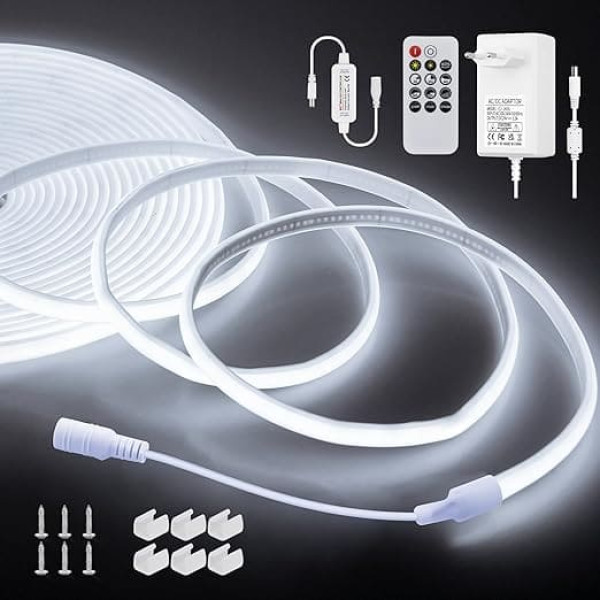 ALITOVE 24 V COB LED Strip 10 m with Remote Control and Power Supply Cool White 6000 K Neon Light Strip Outdoor Flexible 3200 LEDs for Garden Festival Home Decoration Lighting