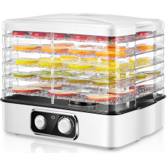 FOHERE Dehydrator (35-70 °C), Temperature Adjustable, Dehydrator for Food, Meat, Fruits, Vegetables with 5 Compartments, 360° Circulation Drying, for Meat, Fruit, Pet Treats