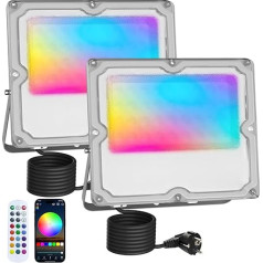 MEEKBOS Pack of 2 RGB Outdoor Spotlights, 30 W, 16 Million Colours, LED Floodlight with Bluetooth App and 2.4G Remote Control, IP66 Waterproof, Colour Changing, Dimmable Floodlight for Garden,