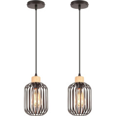 LIGKIN 2 Pieces Pendant Light Industrial Chandelier Vintage Wood Pendant Light E27 Lampshade Metal Cage Design Light Ceiling Light Black Ceiling Lighting for Kitchen Living Room Bedroom