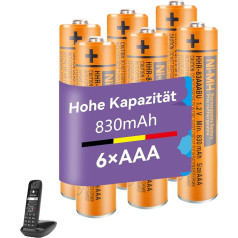 NI-MH Battery 830 mAh (1.2 V) for Panosonic Cordless Phones, HHR-83AAABU Rechargeable Batteries AAA for Gigaset Handsets - Pack of 6
