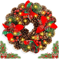 Frasheng Christmas Wreath with Pine Cones, 30 cm Christmas Wreath, LED Christmas Wreath, Creative Christmas Door Wreath, Christmas Decoration, Christmas Wreath, Christmas Decoration for Door, Front