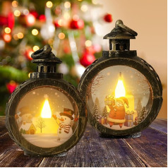 Christmas Snow Globe Lantern, Pack of 2 Christmas Decoration Lantern, Flameless Christmas Candles, Christmas Lantern Vintage for Bedroom, Garden, Balcony, Fireplaces for Carry, Hanging or as a Table