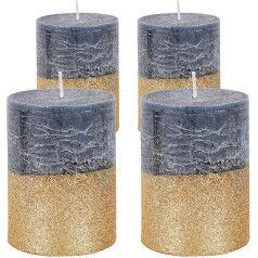 Pillar Candle, Blue, Gold, Set of 4, Premium Quality, Glittering Pillar Candle, Burning Time: 45 Hours, Diameter 75 mm x 100 mm pajoma®