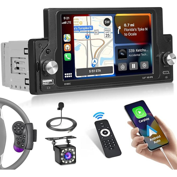 Ohradio Car Radio 1 DIN CarPlay with 5.9 Inch Screen, Touchscreen Car Radio Bluetooth with Android Car Radio RDS FM USB BT SWC MIC Remote Control Reversing Camera