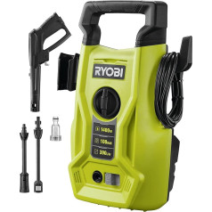 RYOBI RY100PWA 1400W Electric Pressure Washer (100bar Pressure, 390l/h Flow Rate, 40° Water Temperature, Aluminium Pump, 5 m Hose, 5 m Cable Including Vario Jet Pipe), Green