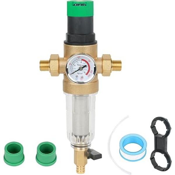 Backwash Filter, Pressure Reducer Water Filter with Pressure Gauge, Water Pressure Reducer, Water Pre-Filter Sediment Filter, Flushable Fine Filter, Spin Down Sediment Water Filter (1 Inch with 3/4