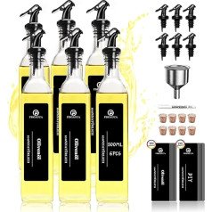 SAEIV Oil Dispenser (6 x 500 ml), Oil Bottle with Spout, with 30 Black Oversized Labels, Highly Transparent Glass Oil Bottle Set, Various Oils Stand Tidy in the Cupboard