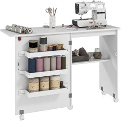 HOMCOM Sewing Table Folding Sewing Furniture with Flap with Storage Compartments Open Shelf and Wheels Sewing Machine Furniture for Living Room Office Studio ABM. 118 x 40 x 79.5 cm, White