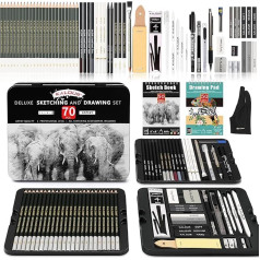 KALOUR 72 Piece Sketch Drawing Pen Set with Sketchbook and 3 Colour Drawing Paper Tin Box Includes Graphite, Charcoal, Drawing Glove and Artist Tools