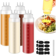 Vegena Pack of 4 Squeeze Bottles 1000 ml Squeeze Bottle, Plastic Squeeze Bottles with 3 Spray Nozzles, Stickers, Sauce Bottles with Measuring Scale, Splash Bottles for Sauces, Ketchup and Salad