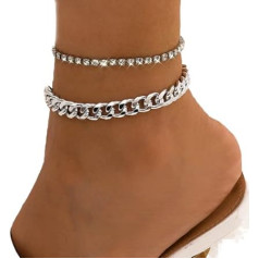 Clataly Cuban Anklet Bracelets Double Layer Crystal Anklet Beach Foot Jewellery for Women and Girls (Silver)