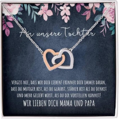 BYLITZ An meine Tochter Vergiss nie Double Heart Carabiner Necklace with Personalised Card and Gift Box Chain with Zirconia for Birthday Christmas
