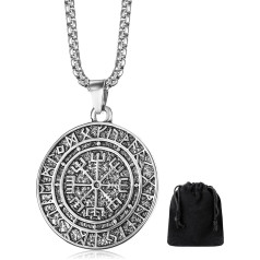 Yaomiao Viking Necklace Compass Amulet Pendant Chain Stainless Steel Nordic Jewellery for Men Engraved Protection Amulet Medieval Necklace Gift Vintage Original Jewellery, Stainless Steel