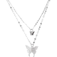 AMTBBK 925 Sterling Silver Necklace Shiny Butterfly Tassel Necklace Female Double Layer Pendant Clavicle Chain Wedding Party Jewellery, Sterling Silver, Zircon
