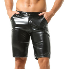 QiaTi Men's PU Leather Shorts Elastic Waist Men's Casual Shorts Zip Men Sexy Shorts with Pockets for Workout Party