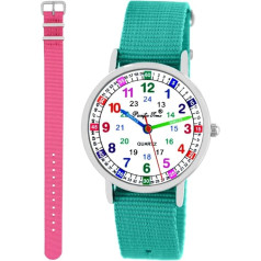Pacific Time 11121 Children's Watch Girls Boys Learning Watch Set of 2 Textile Bracelet Turquoise + Pink Analogue Quartz