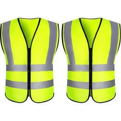 Pack of 2 High Visibility Vests Car Breakdown Vest, 2022 Yellow High Visibility Vest with Zip and 360 Degree Reflective Strips, Neon Yellow Safety Vest, Washable Reflective Vest, Men Women, Cars,