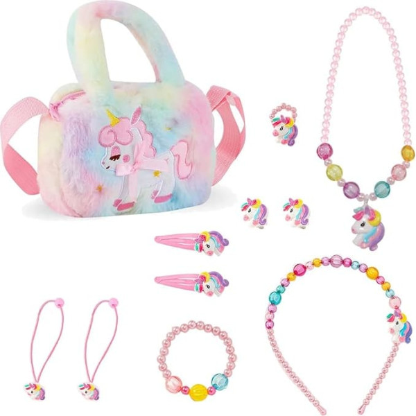 Unicorn Handbag Gift for Girls, Unicorns Children's Jewellery Necklace, Handbag, Girls' Bracelet, Ring, Hair Clip, Little Girl Role Play Birthday Gift Party (13-Piece Set), Rubber